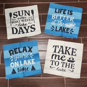 Set/4 Lake Themed Outdoor Pillow Covers, 16"x16".